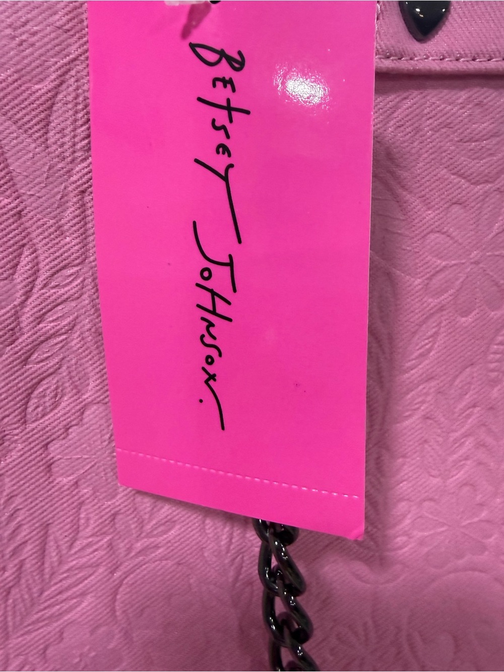 Betsey Johnson Pink Embossed Tote with Chain-Accent Straps - Picture 4 of 14